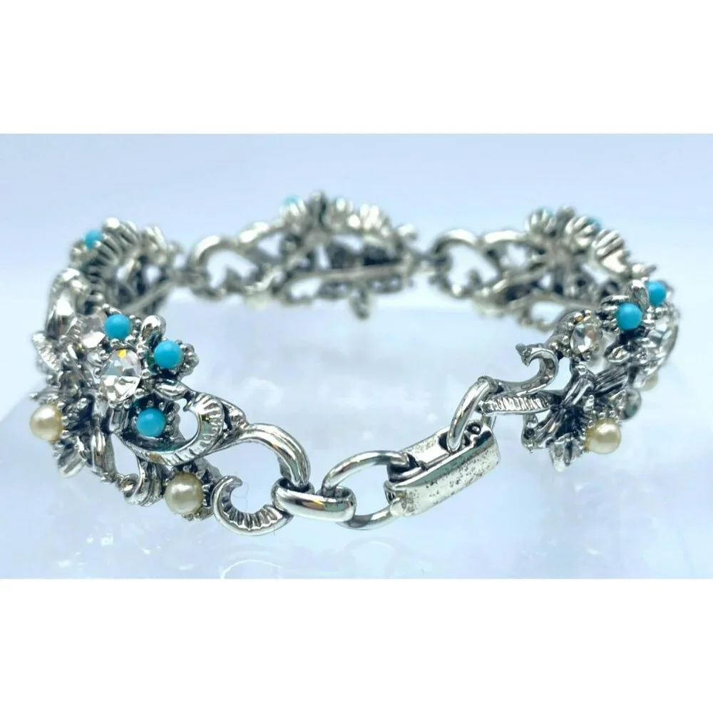 Vintage Star Jewelry Marked Bracelet Faux Pearl Turquoise Rhinestone 7 1/4" long - Picture 3 of 6